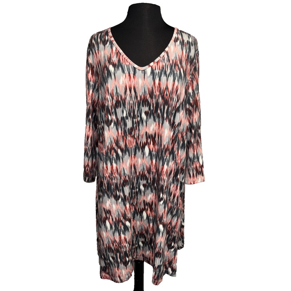 NWT Ikat Print V-Neck Tunic by Yest Plus Size‎ 20W Coral Black Stretch Jersey